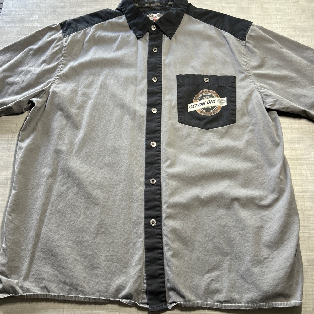Harley-Davidson Shirt Men's XL Gray Black Button Up "Get On One" Biker Pocket